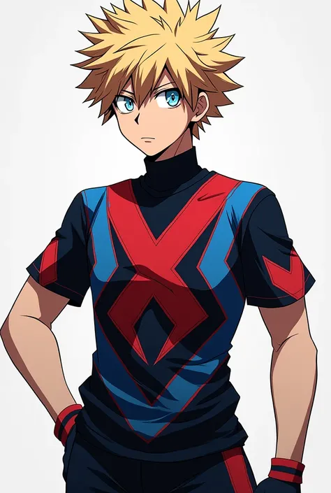 Bakugou Katsuki wearing a Predominantly black t-shirt, with details in red and blue,  the collar is high and the sleeves are short ,  the red and blue lines create a geometric pattern on the torso , with pants also black ,  with blue lines running along th...