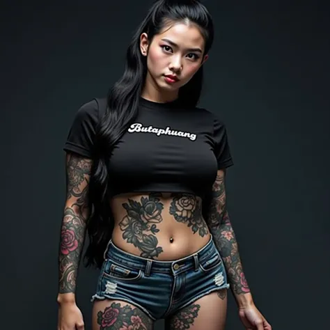 Asian girl with tattoos beautiful tattoos ,  Professional 4K Photos  , Woman in cool posture ,  white-pink skin, glossy tiled skin  , Beautiful eyes ,  Beautiful Thai Celebrity  ,  Big Bust ,  has a chest size of 36 inches  ,  Abdominal muscles, strong ,  ...