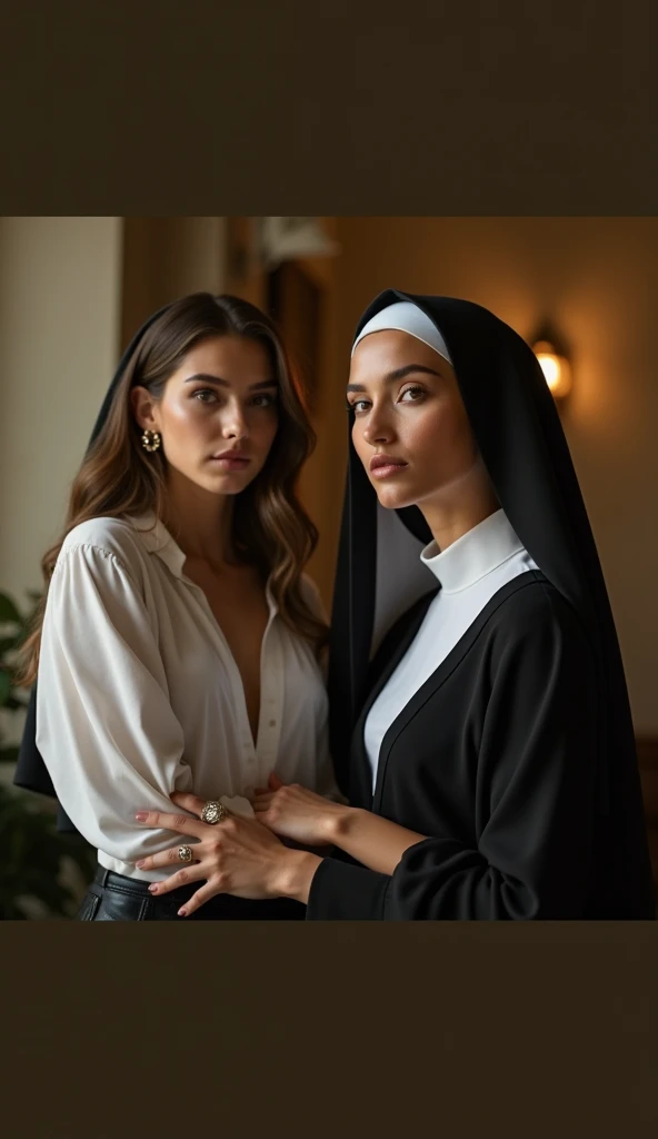 A stunningly beautiful model with a serene and confident aura, wearing a chic modern outfit, standing next to a nun dressed in a traditional habit. The nuns expression radiates calmness and wisdom, symbolizing purity and spirituality. The scene is set in a...