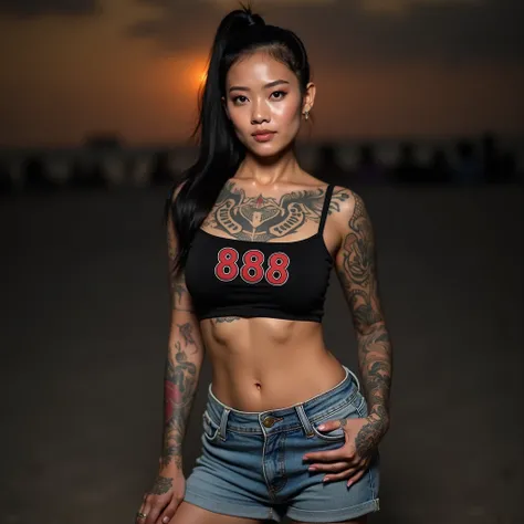 Asian girl with tattoos beautiful tattoos ,  Professional 4K Photos  , Woman in cool posture ,  white-pink skin, glossy tiled skin  , Beautiful eyes ,  Beautiful Thai Celebrity  ,  Big Bust ,  has a chest size of 36 inches  ,  Abdominal muscles, strong ,  ...