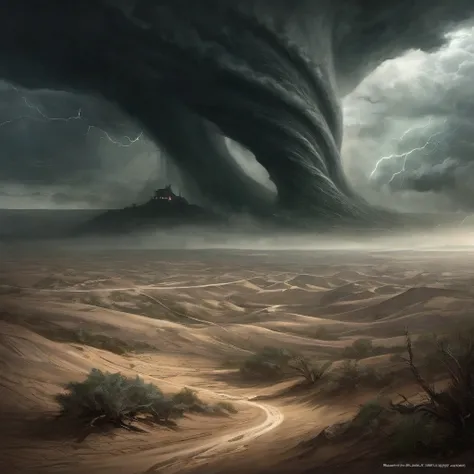 (Mysterious landscape),Full of suspense,fantasy, dark , dark ,atmospheric,desert，tornado,