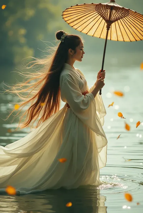 Realistic Photography. A Chinese girl lavitating on the lake. She is wearing a beautiful female warrior costume. She is holding an ancient Chinese umbrella. Her long hair is beautiful. Her dress and hair are swaying in the wind. Ginkgo biloba leaves fallin...