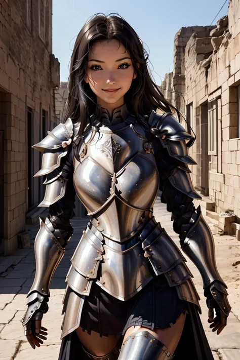 (master piece, top quality, High resolution), (hyper realistic:1.2)、detailed face、beautiful expression、shy smile、 (((women&#39;s armor))), (((Armor Dress Set))), (she has long black hair, cowboy shot、thin waist、navel、between legs、 bewitching、sexy mature wo...