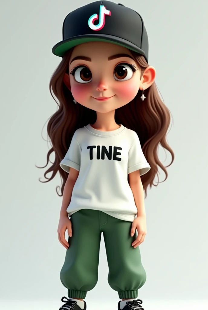  3D caricature image of  woman wearing black cap, white t-shirt with name  " TINE " written in front of her shirt  and wearing green long pants ,  nike shoes. She is standing beside tiktok logo. Looking at viewer, Wide Shot, 