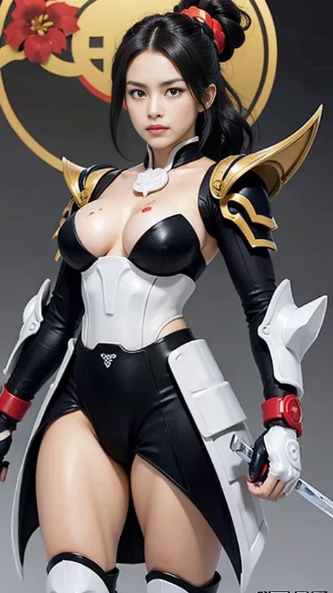 Sexy female character wearing white armor as a warrior from the Sengoku period 、((french braid hair))、((onyx black hair))、((toned body))、(glistening skin)、 toned body、((mega breasts 1.8))、 plump breasts 、 plump thighs 、 The white armor with a lily pattern ...