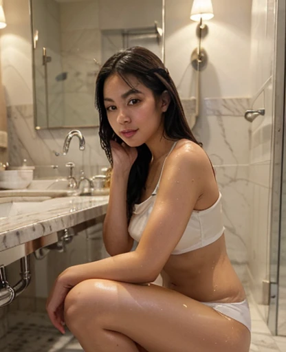 Real-life person Instagram picture of a beautiful Thai women, pale skin, dimly lit, shade, flustered, blush, breasts size A , highly detailed, young women, black hair, Chest size A, realistic, high quality, high detail, shiny skin, look at view, smile, pet...