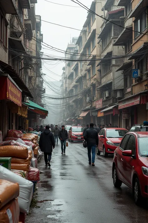 Goods swarmed all over the pavement and pedestrians had to go down the road 