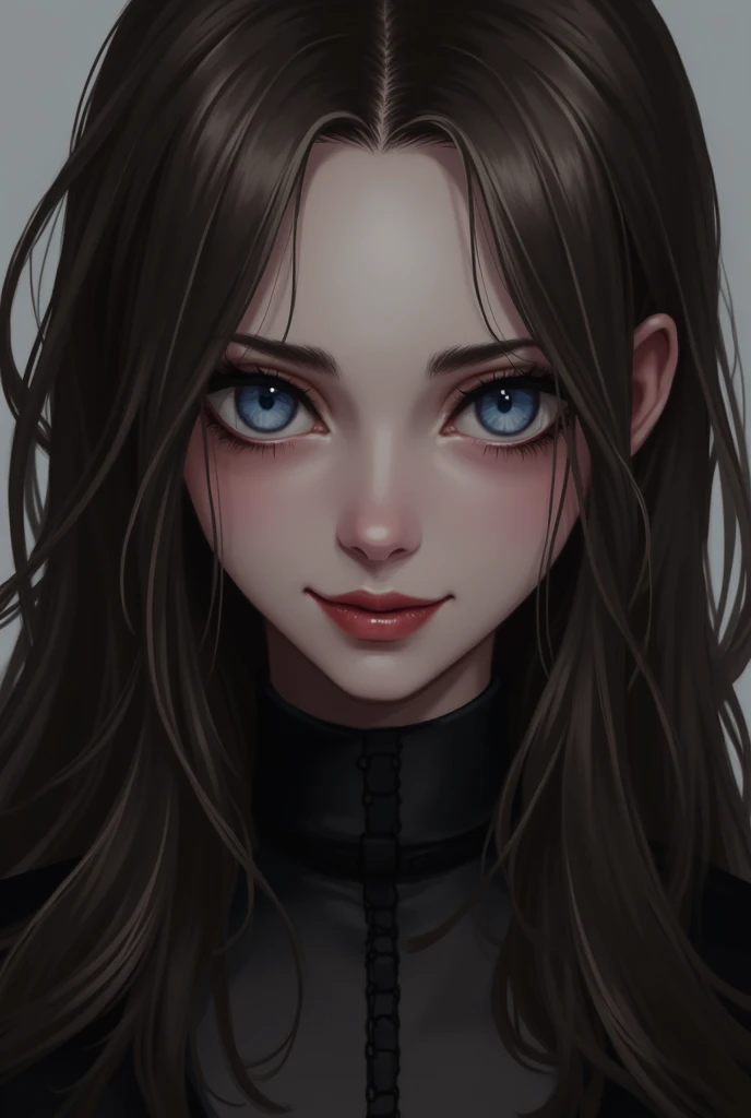 1girl, High Resolution, Blue eyes, Brown Hair, Simple background, sarcastic smile, gothic