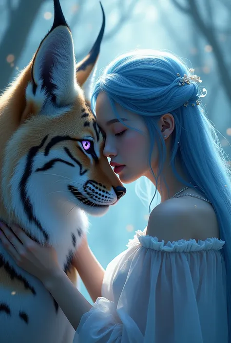 Beautiful Asian woman, 18 years 

A mesmerizing fantasy scene featuring a young woman with flowing, ethereal blue hair leaning gently against a majestic lynx-like creature. The woman has a serene expression, her face close to the creatures, conveying a sen...