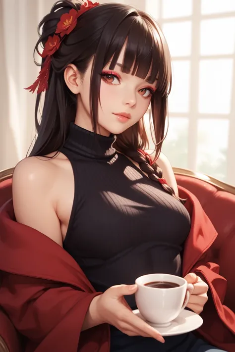 A young woman, age 16~19, blunt bangs hairstyle, hair color is black, and inner color is red gradation, hair length is about shoulder length, makeup on the face gives a bright impression, dressed in turtleneck transparent materials, breasts size F cup, 