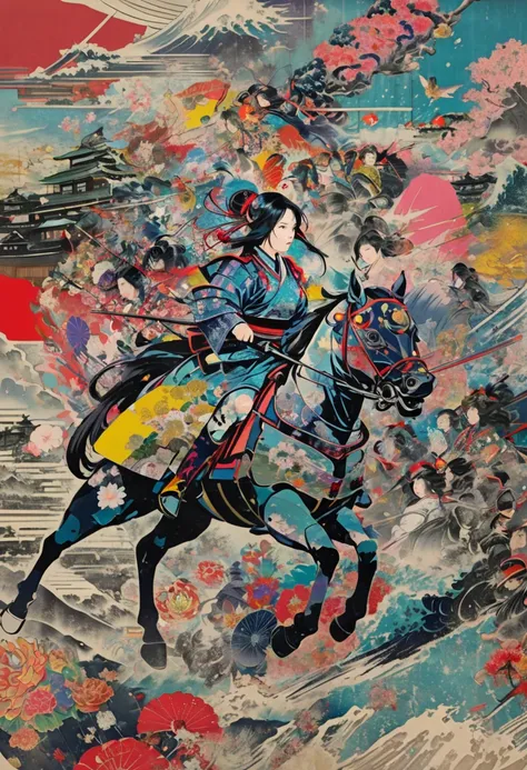 (masterpiece, best quality),(multiple exposure:1.2),pop-art,ukiyo-e style,
print collage depicting,one teenage girl rides a horse, serious expression,(suyari-kasumi),wearing light samurai armor,japanese battle field,splash color, collage art, contemporary ...