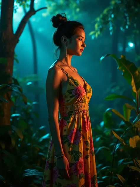 (Masterpiece, photorealistic. Professional photographer studio shot) Vibrant jungle art. In tortuga pirates island, 44dd round natural perky breasts. Nighttime. Instagram model, age 20. summer dress with jungle pattern. Bun. Makeup. illuminated by a cool t...