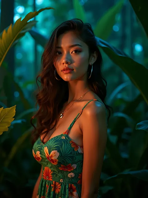 (Masterpiece, photorealistic. Professional photographer studio shot) Vibrant jungle art. 44dd round natural perky breasts. Nighttime. Instagram model, age 20. summer dress with jungle pattern. Makeup. illuminated by a cool teal Key Light from the right tha...