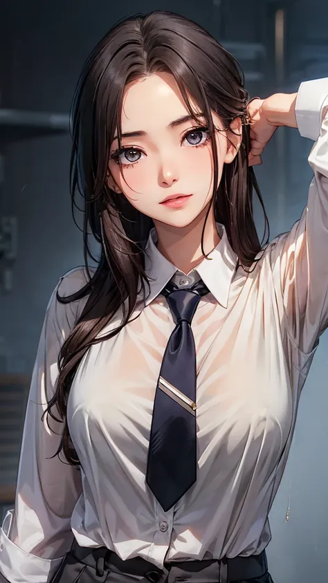 Business shirt  、Random  pose、chest up, 20-year-old woman、s lips:A sexy、Hair color: Dark brown、Translucent skin， the skin is fair 、Moist eyes、Gentle eyes、、Slim and soft、Gentle look、the background is blurred , 、random mouth 、(((slender body)))