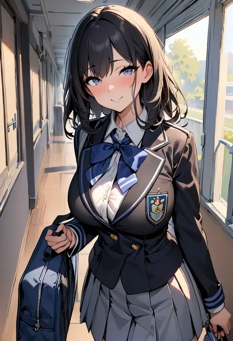 (  Masterpiece ,   best quality:1.2), 1 girl, Alone,  expressive eyes, Walking with a student bag,  Female College Student,  Short Black Hair , ((( Perfect Face Girl )))、(((School corridor))), Big tits uniform, smile, from beside