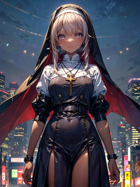 masterpiece,(Best Quality),Very detailed,Very detailed,One mechanical nun  (1girl.alone:1.4)(Sky background above central Tokyo:1.2),(A gal  with dark tanned skin:1.2)Very attractive eyes( monastic uniform with a clear body line、cross necklace、nun&#39;s ha...