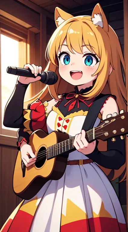 1girl,difficult,Smile,cowboy shot,fullCG,(Best quality,8k),detailed,ultra detailed,hyper detailed,insanely detailed,exquisite, her head is wearing a costume cover and I dont know her real face. cute clothes, shes singing a song .Shes playing on the acousti...