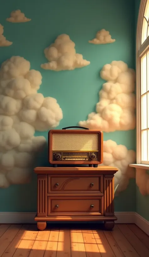 A radio on a table, Who is in a room painted with clouds, in 3D style