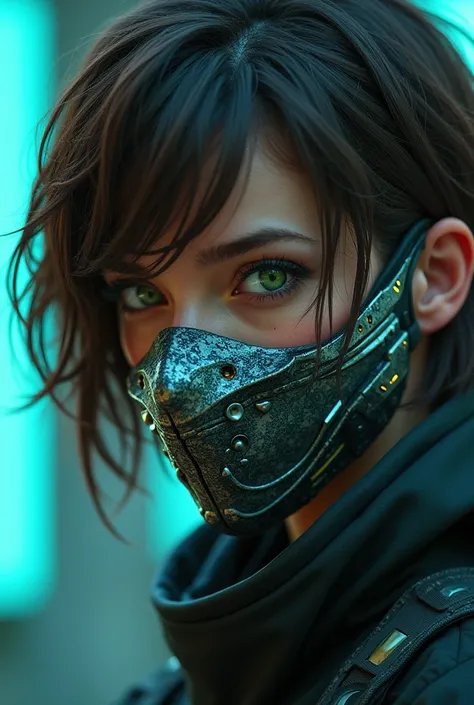 Young woman, short brown hair, bright green eyes, cyberpunk mask covering the her mouth of the face in the style of a snake mouth