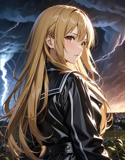 storm, (Tornado storm:1.5), night, ( Yukiko Aikina_ sword art online ), Blonde,  Long Hair, masterpiece, highest quality, UHD, retina, masterpiece, accurate anatomy, textured skin, super detailed, high quality, best quality,  highres icon, 8k