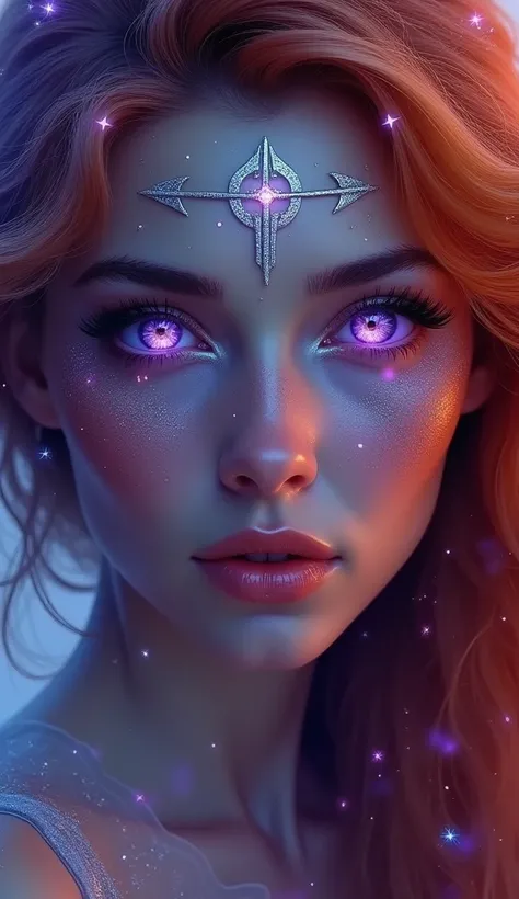 Captivating close-up of a Sagittarius zodiac woman. Her vibrant violet eyes sparkle with a mystical glow, and her face is adorned with luminous silver Sagittarius symbols on her forehead and cheeks. Her fiery, flowing hair frames her face, blending into a ...