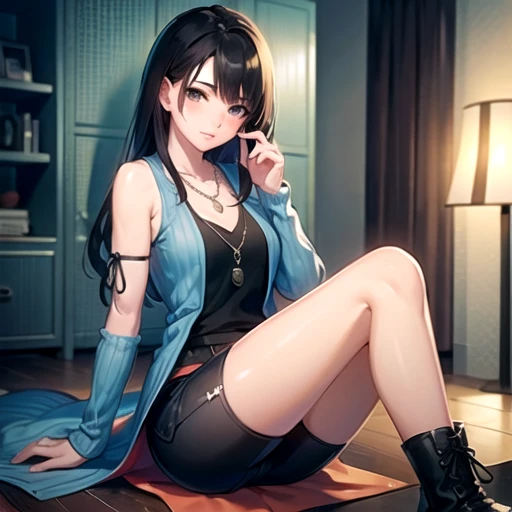 (masterpiece,best quality,high resolution,ultra detailed,game cg),solo,1 girl,mature girl,black hair,long hair,arm warmers, necklace, sleeveless coat, black shirt, blue skirt, arm ribbon, bike shorts, boots