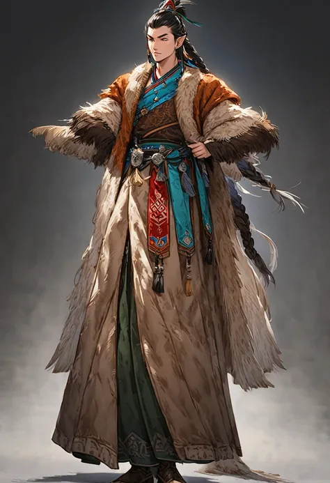 Elf Male　One long braid　 full body view　Mongolian national costume　Swordsman