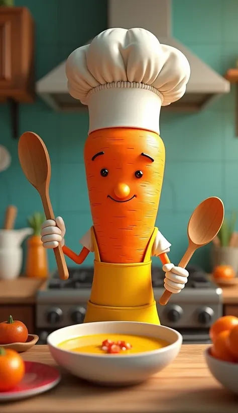 Carrot is wearing a small white chefs hat and a yellow apron. He held a wooden spoon in one hand and a soup bowl in the other. The kitchen setting is full of bright and attractive colors.