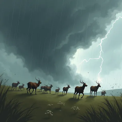 It generates a conceptual art style illustration for me. Lets imagine a natural disaster (the flood), a gray and stormy sky that flashes lightning, the clouds burst in a heavy rain, the animals of the field howl and run in terror, screaming from the great ...