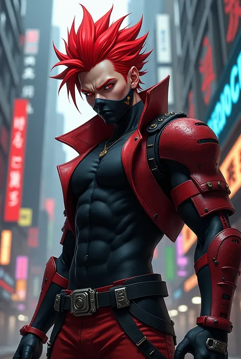 Man with red hair sukuna style, anime style,
realistic style, from cyberpunk, black mask,
