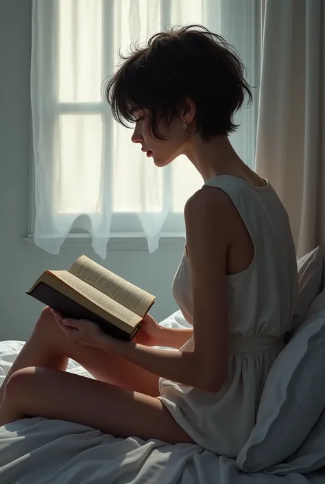 Naked woman with short hair sitting on the edge of the bed reading
