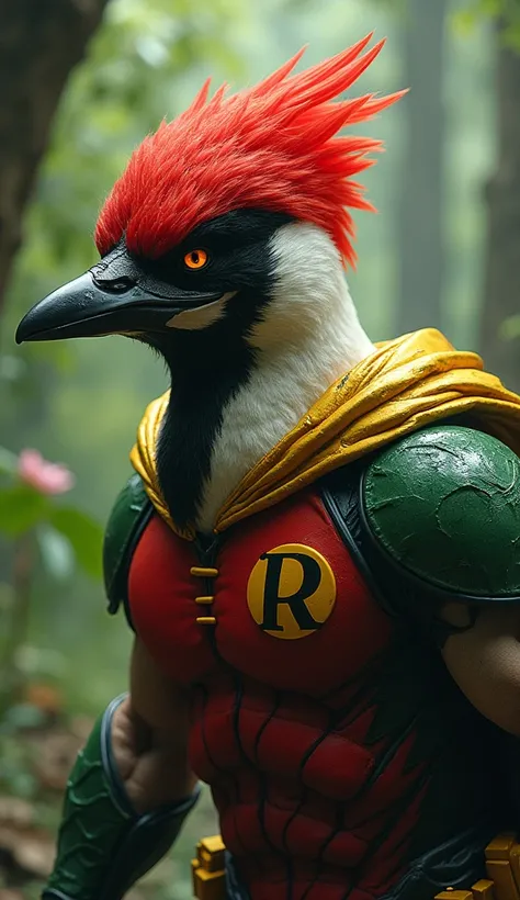 Robin DC in the shape of a wild woodpecker with wild black mask