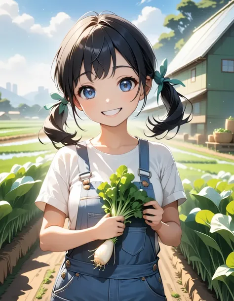 Scene of a cute girl holding a daikon radish for a farm cooperative poster,BREAK,(Cute girl,wearing denim overalls,smiling cheerfully,Japanese features,long black hair tied into pigtails,bright eyes,petite and youthful appearance),BREAK,(Japanese White Dai...