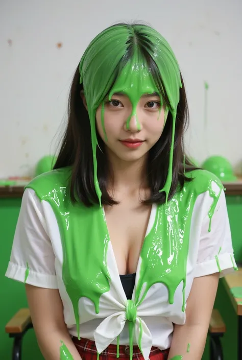 Cinematic photograph of Chinese model covered in green slime. Photorealistic. Glistening liquid. Dripping green goo. Slime. Raw photo. Chinese model. (Chinese: 1.1). Chinese woman. Cleavage. Wavy Black hair. Inside classroom. Inside school. Portrait photog...