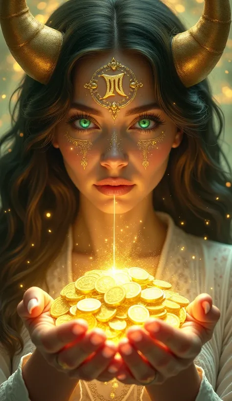 "Close-up of a mystical woman representing the Taurus zodiac sign, surrounded by an aura of prosperity. She holds a pile of glowing golden coins and bills in her hands, which radiate light. Her emerald-green eyes shine brightly, and her face is adorned wit...