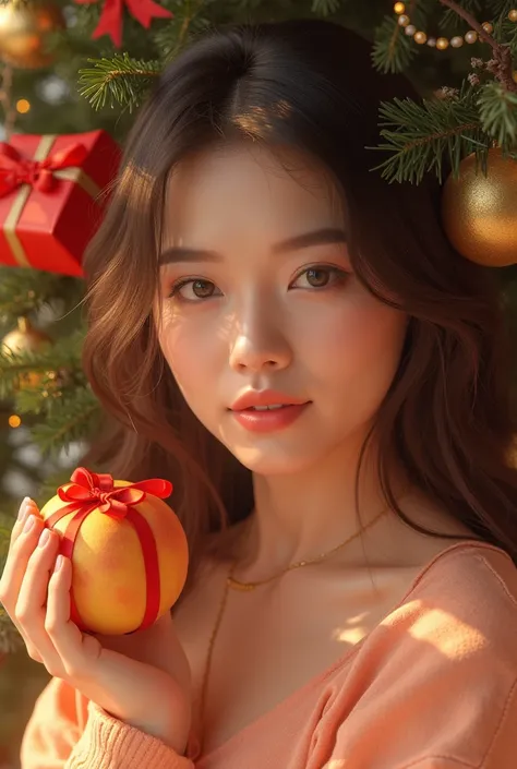 1girl, beautiful detailed eyes, beautiful detailed lips, extremely detailed eyes and face, long eyelashes, christmas tree, christmas gifts, red bow, heart, peach, warm lighting, soft pastel colors, photorealistic, 8k, high quality, detailed, vibrant colors...