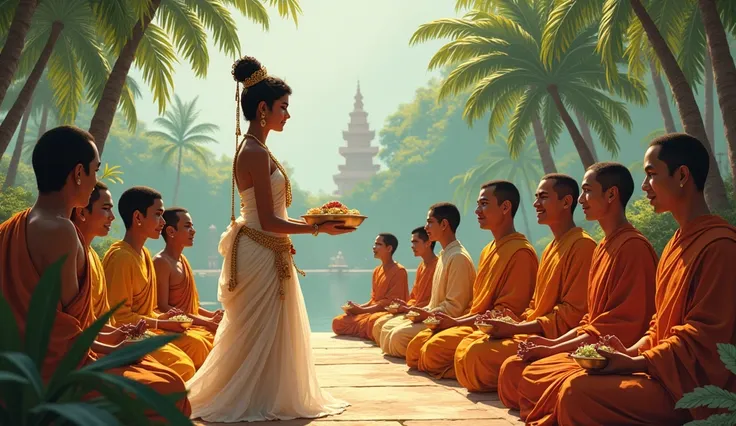 A very beautiful princess from ancient Sri Lanka offered food to Buddhist monks.