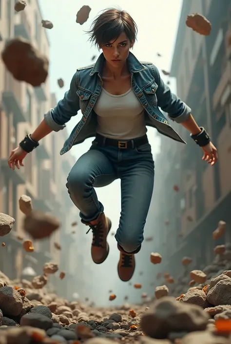  Tight European woman in a denim jacket ,  t-shirt , jeans and lace-up boots with powerful soles float high in the air,   short tousled hair .  looking at camera.   rocks fly around  , pieces of brick  , armature, leaves,   realistic 