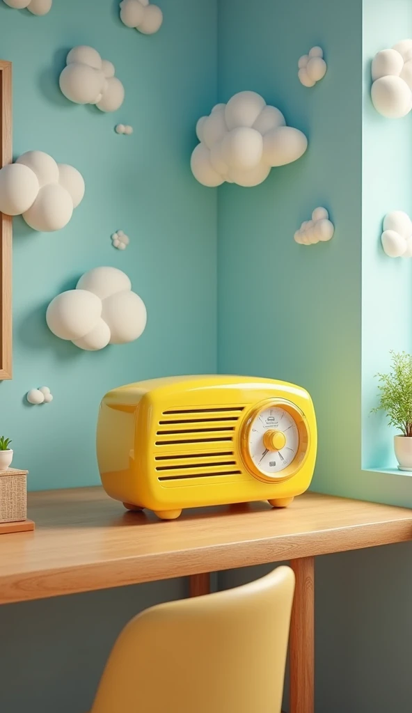 A yellow radio on a table, which is in a room painted with clouds and sky blue walls, in 3D style