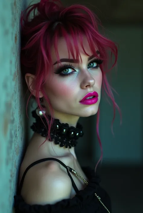 award-winning masterpiece (photorealism:1.2), a sexy gothic punk girl, dark eye makeup, in grunge style, pink lipstick, pink blush, wild colorful hair, captured with incredible detail and a cinematic flair 35mm, F/2.8