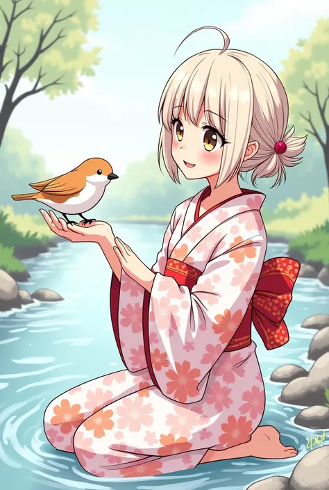 Along the spring creek 、[ pink and white flower-patterned kimono ]A cute girl wearing 、 stops a bird in her hand and smiles。 anime style ２ｄAs a coloring book、Simple Line、 no grayscale 、 without shading、 cute、Simple lines, with clear lines on the background...