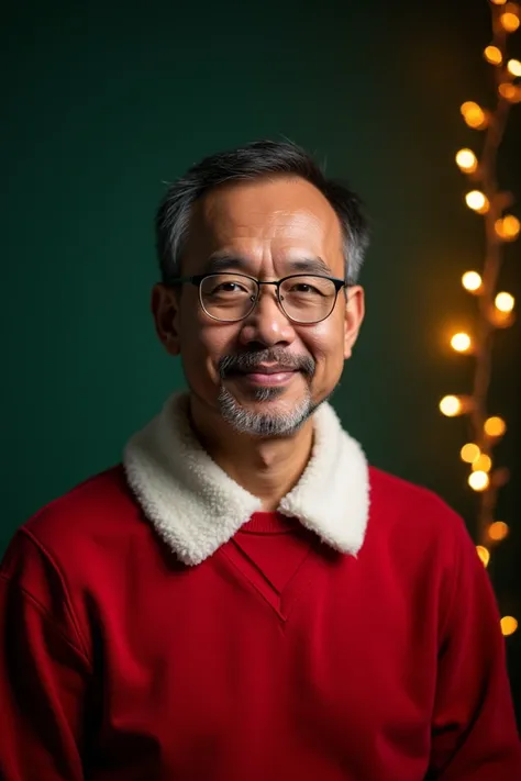 39-year-old Indonesian man. Short hair, round face, glasses, no beard. thin smile, white skin, wearing red Christmas-themed clothes. 3d photo, photography with good lighting, side light, back light dark green background, good details photographed with hass...