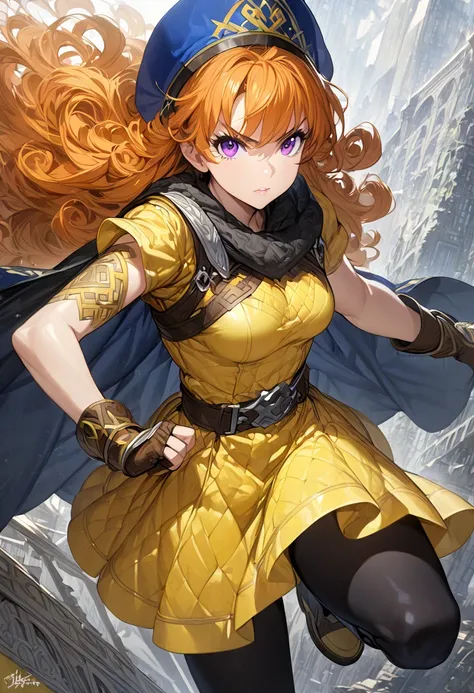  1 girl ,Alone,DQ4-Arena, long hair,Purple eyes, orange hair, sleeveless, black pantyhose,yellow dress, yellow skirt ,belt,Cape, curly hair , gloves, dynamic pose ,Mid-chest, blue headwear ,  boots,(Sparkling,Sparkling dress:1.1)jumping,V-shaped eyebrows,C...