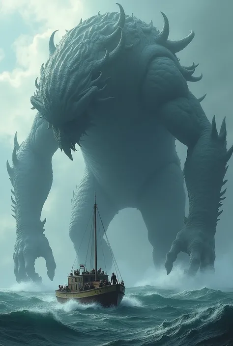 A giant sea people and a fishing boat with several men fishing in the sea.