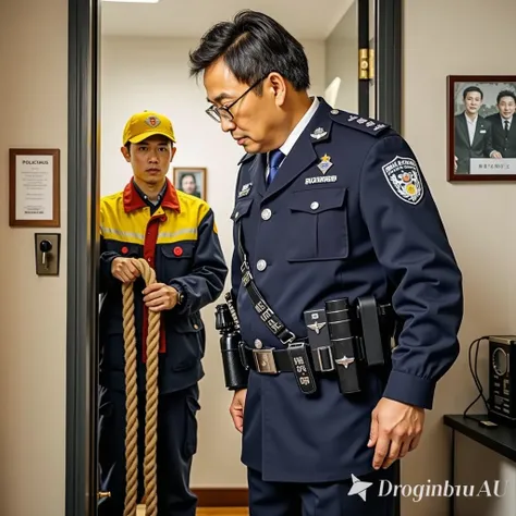 COMPUTER GENERATES A FULL-BODY PHOTO - TAKEN FROM AERIAL VIEW AND REAR VIEW 
A mature CHINA chinese middle-aged with a height of 6 feet 3 inches and a weight of 190 pounds, wearing golden frame glasses Chinese police officer in his 40s has short black hair...