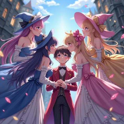 (masterpiece,  High Quality ,anime,8K wallpaper),( 4 magical girl outfits seduce 1 young small aristocrat boy :80.0),( 4 magical girl outfits are 1 young and small Kissing an aristocrat boy on the cheek {x} 4 magical girl outfits surround and are in close ...