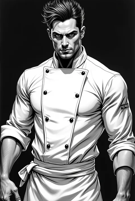 In the comic book style in 2D in black and white make a beautiful and sexy MasterChef cook