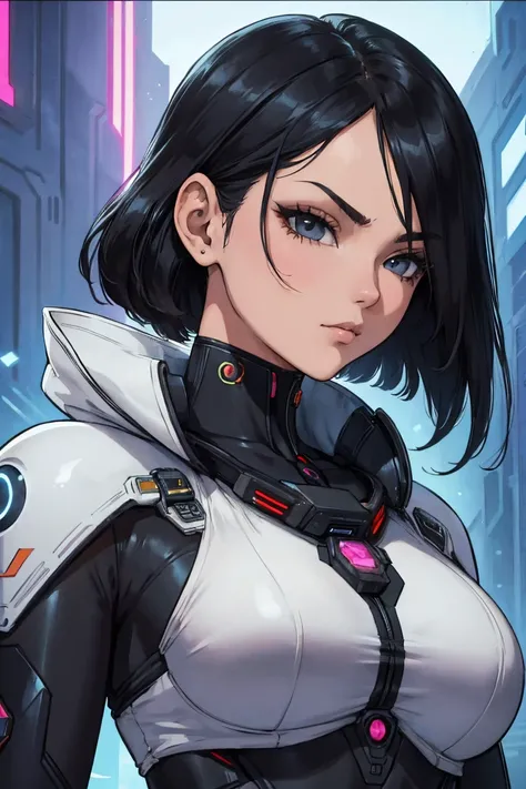 ((best quality)), ((masterpiece)), (detailed), perfect face of cyberpunk mecha japanese girl, shiny black eyes, shiny black body, shiny black hair, ((monochromatic black color palette)), surreal, art nouveau, in the illustrative style of moebius, spaceship...