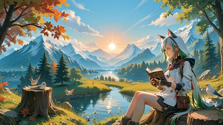 masterpiece,  Best quality,, 1 Girl, Sitting, animal, animal ears, bird, black_hair, Book, Bookmark,  branch, Gloves, Grass, green hair, Hold, Hold Book, hood, hood down, leaf,  View audience , multicolored hair, oPen_Book, partially fingerless Gloves, Pen...