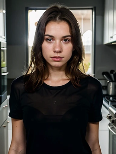 18yo, brunette, in a Kitchen, Freckles on face, standing, beautiful clothes, beautiful face, tight black t-shirt, medium breasts, 8k, moody lighting, pale skin, pretty Caucasian 